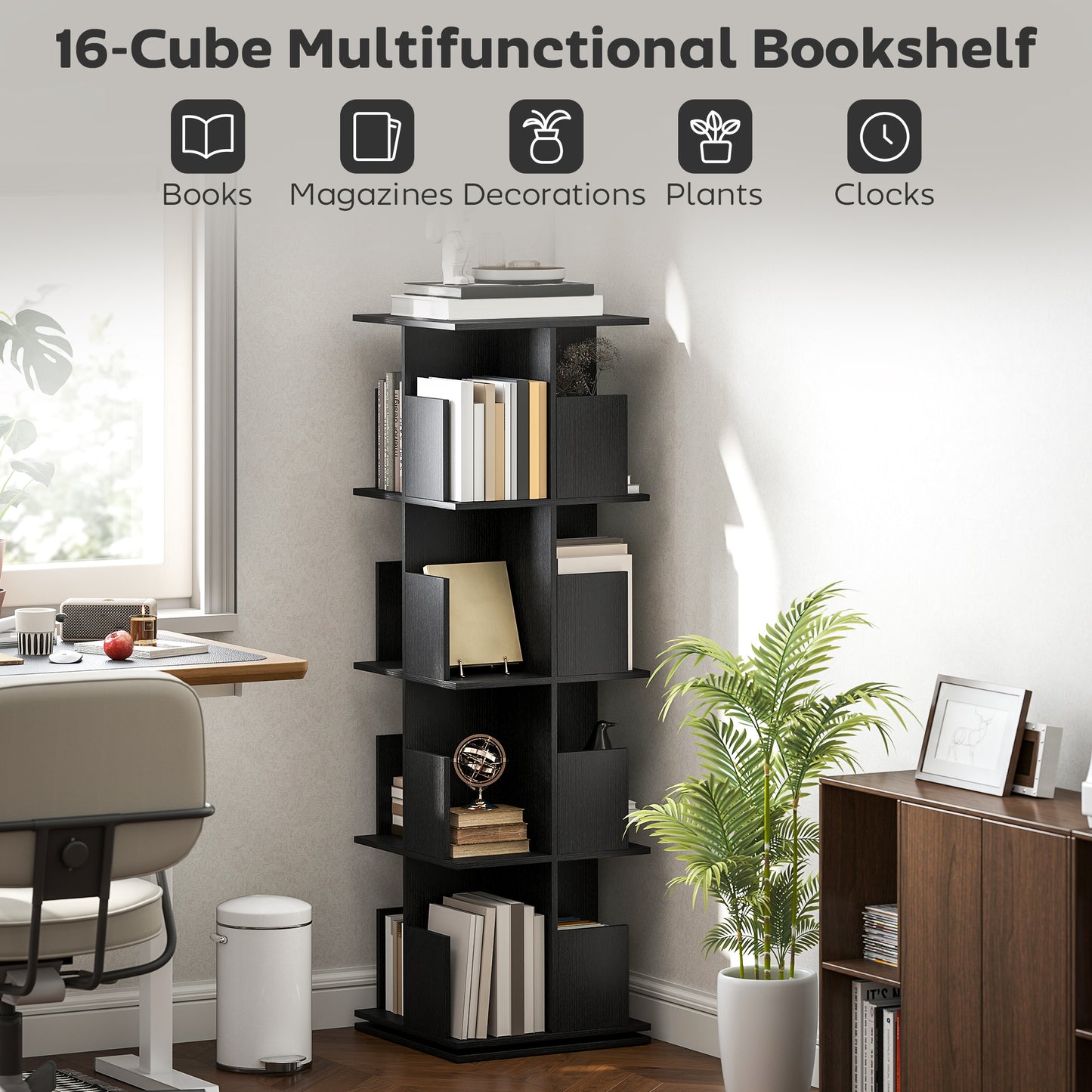 360° Rotating Bookcase with Anti-Tipping Straps and Anti-Slip Foot Pads, 4-Tier Bookshelf with 16 Cubbies, Black