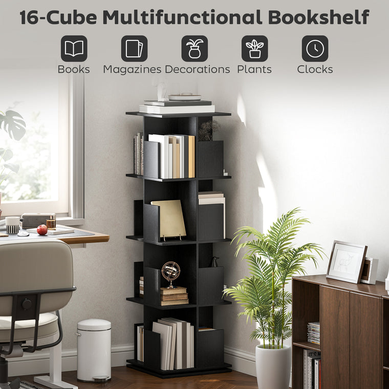 360 Rotating 4-Tier Bookcase with 16 Cubbies - Black