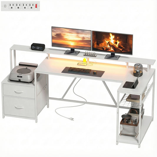 76" Reversible Gaming Desk with RGB Lights and USB - White