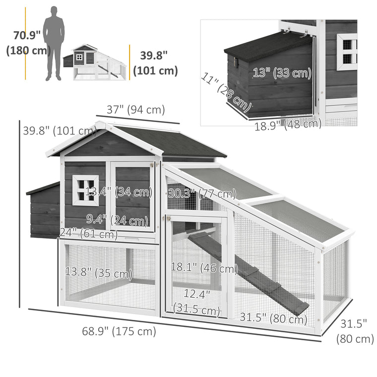 69" Grey Wooden Chicken Coop with Run & Nesting Box