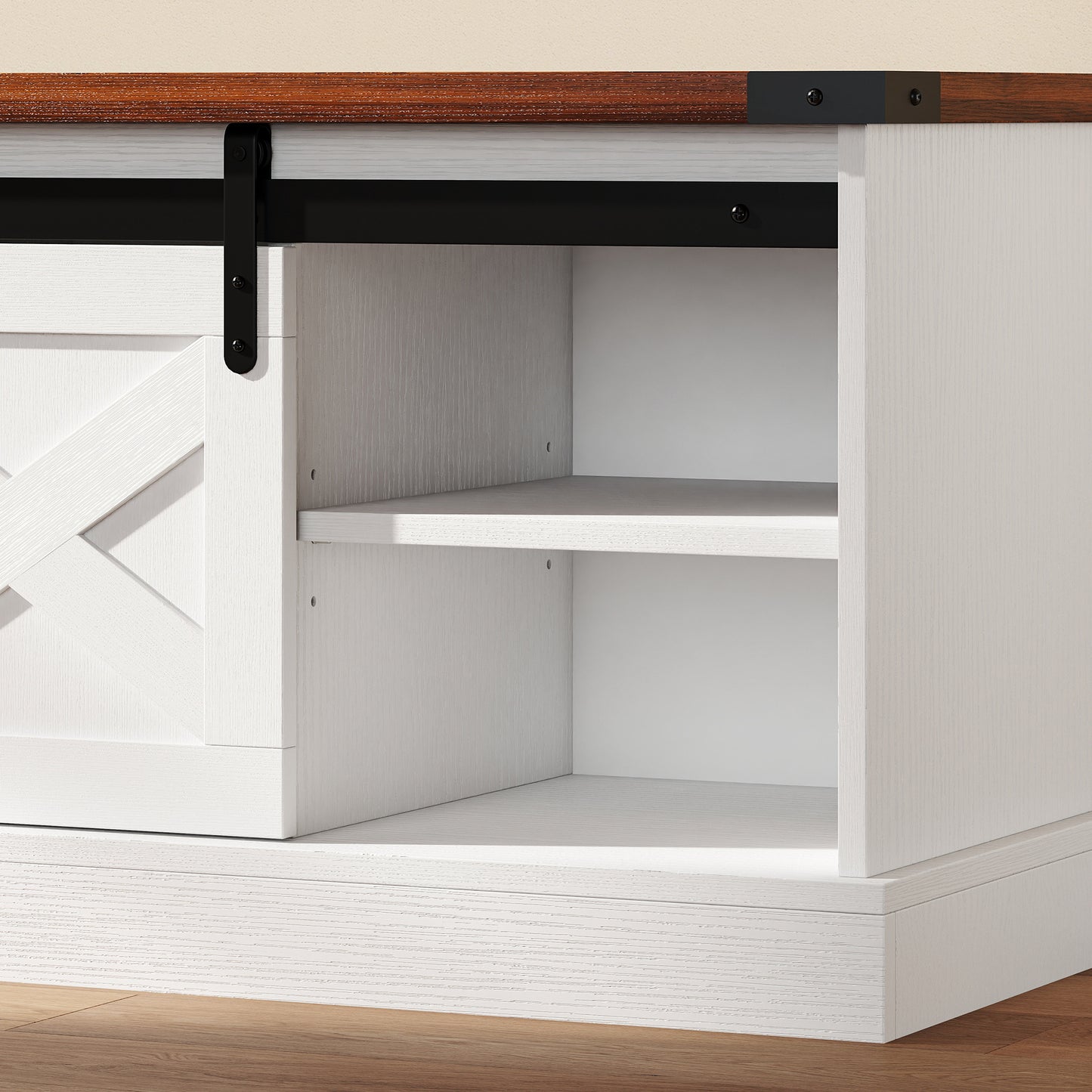 Coat Rack Shoe Bench Set 2-Piece Hall Tree Storage 4 Hooks Sliding Barn Doors White and Dk Walnut