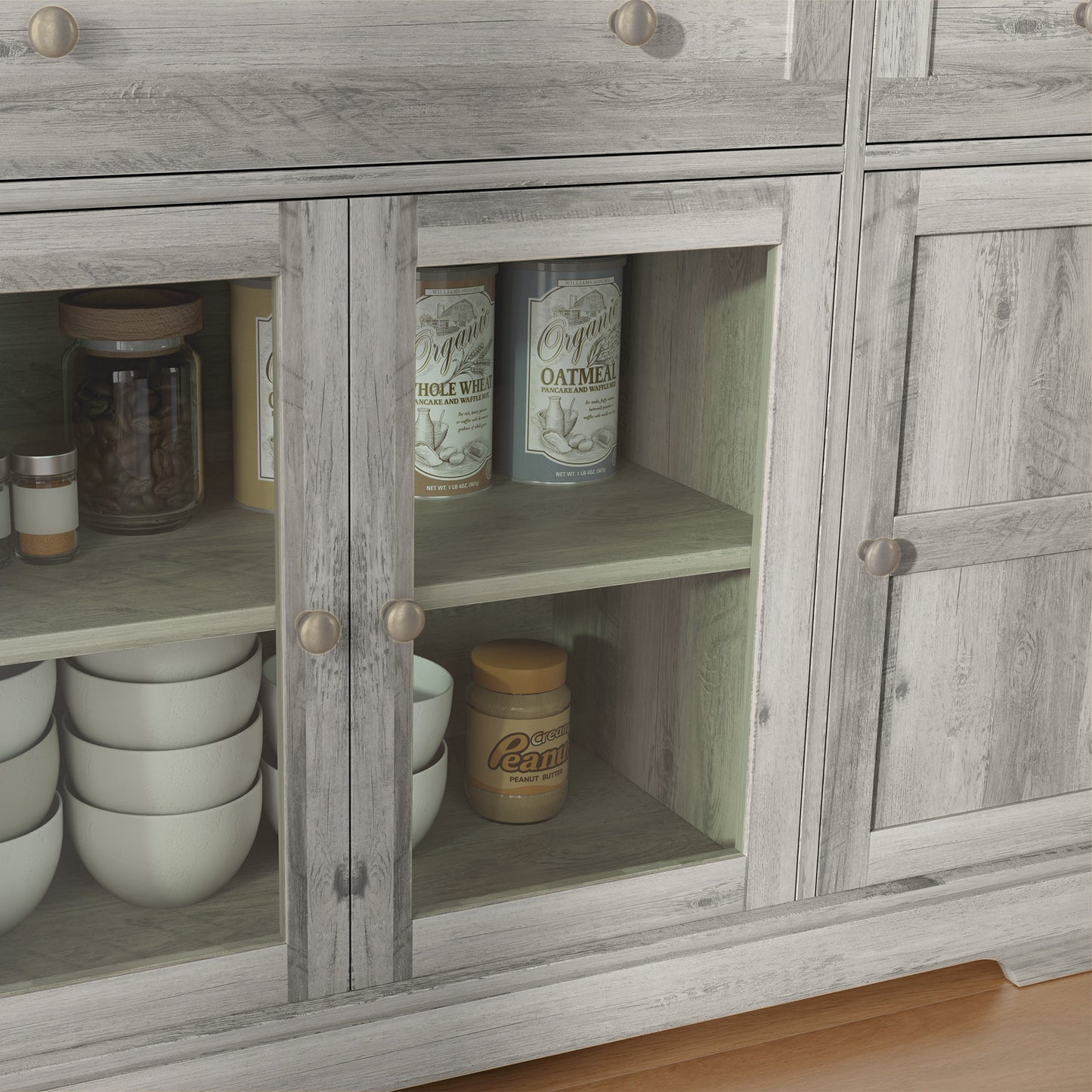 Dining Room Sideboard Buffet Cabinet with Storage, Coffee Bar Cabinet with Glass Doors and Adjustable Shelves, Weathered Grey Oak