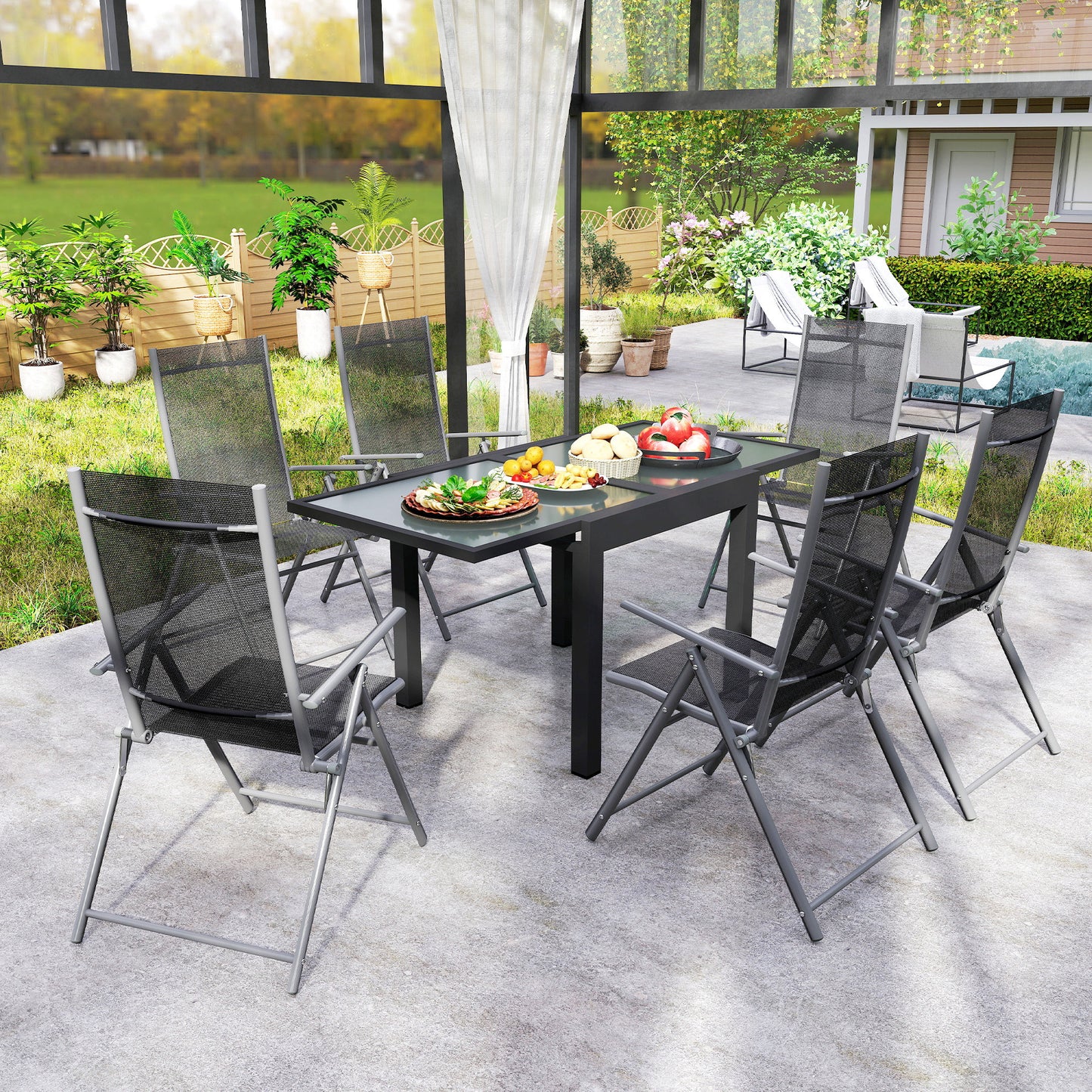 Extendable Patio Dining Table, Tempered Glass Aluminum Outdoor Table for Garden Lawn Backyard, Clear