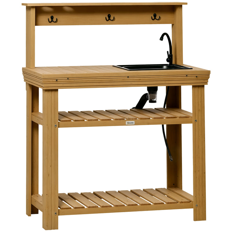 Yellow Wood Potting Bench Table with Faucet & Storage Shelves