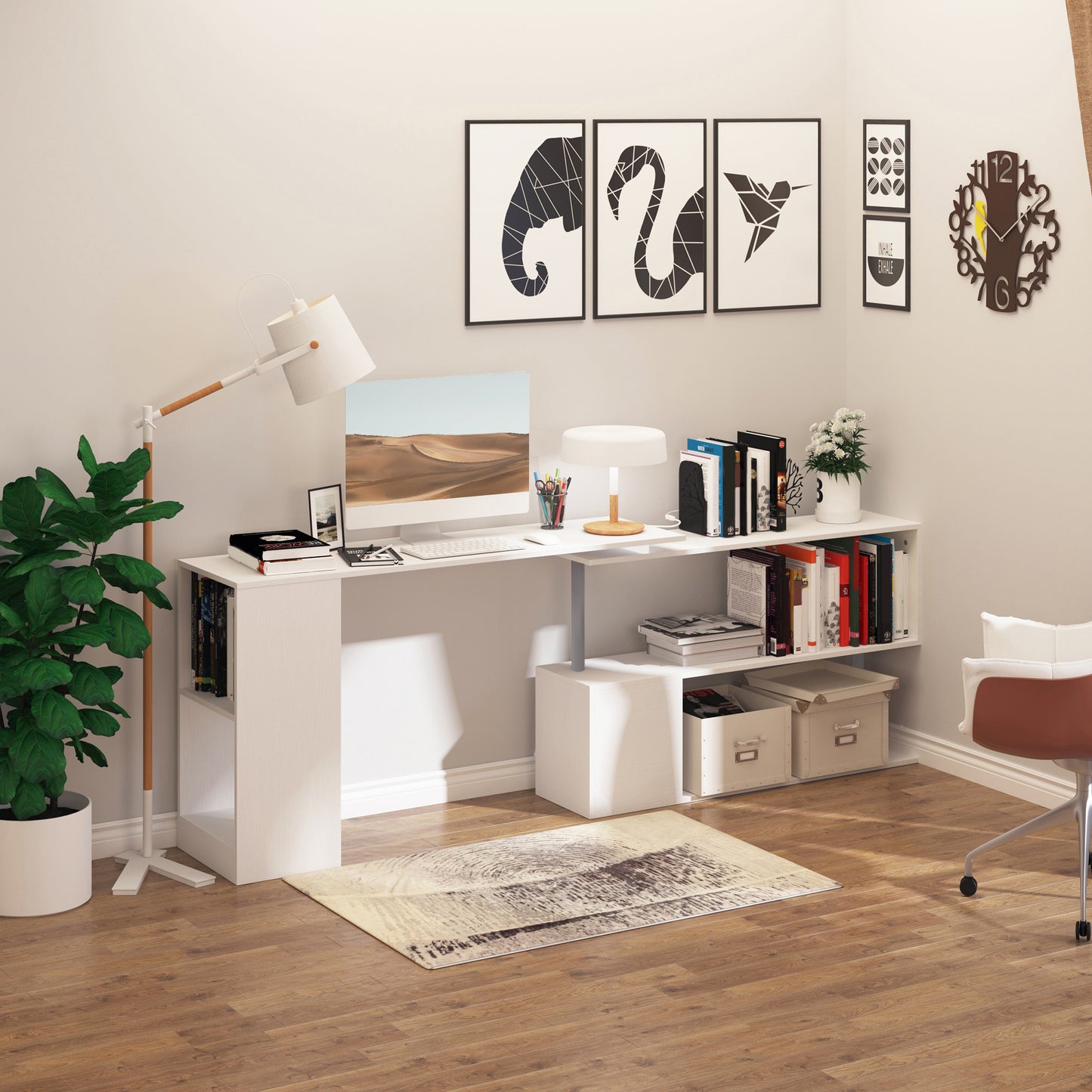 55" Corner Computer Desk, 360° Rotating L-Shaped Desk, Home Office Workstation with 3-Tier Shelves, White
