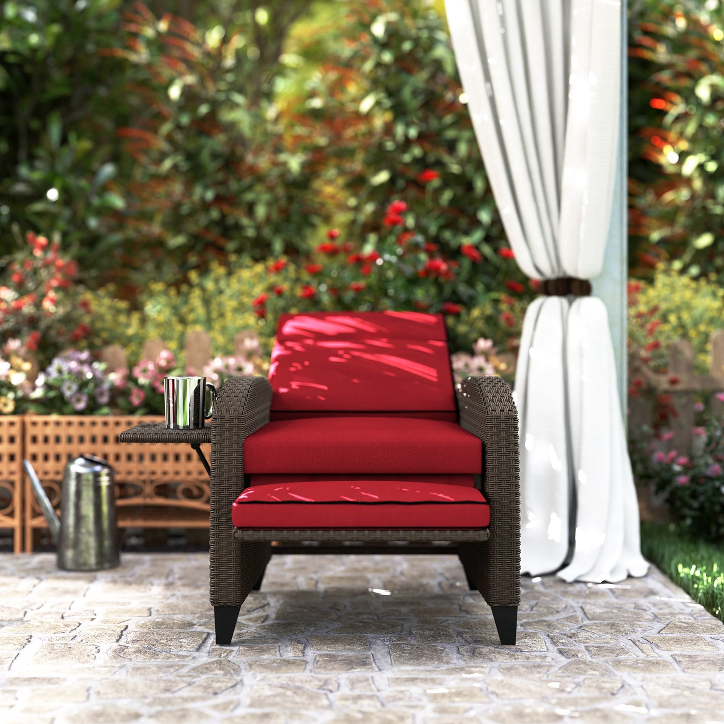 Outdoor Recliner Chair with Adjustable Backrest, Cushion, Side Tray, Black