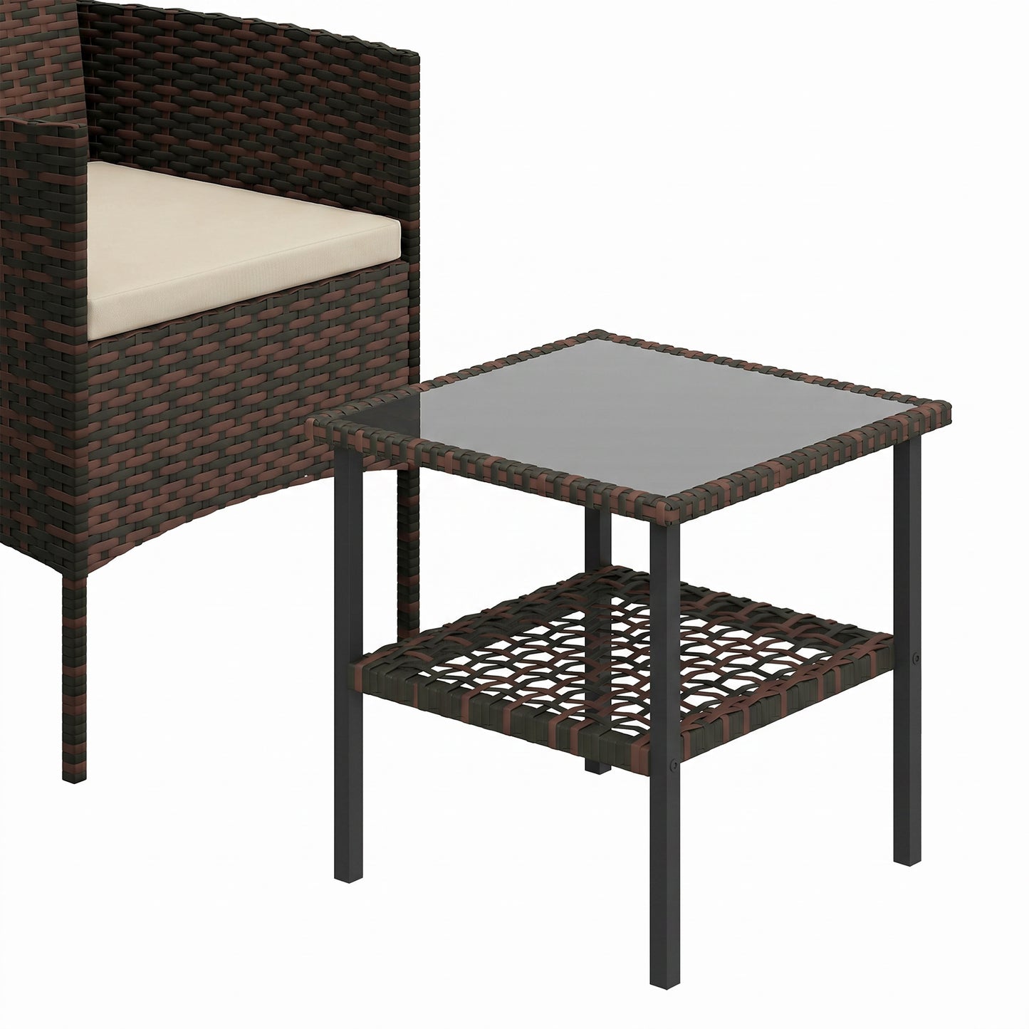 Wicker Bistro Set, 3 Piece Patio Furniture Set with 2-Tier Glass Top Table, Cushions for Balcony, Porch, Khaki