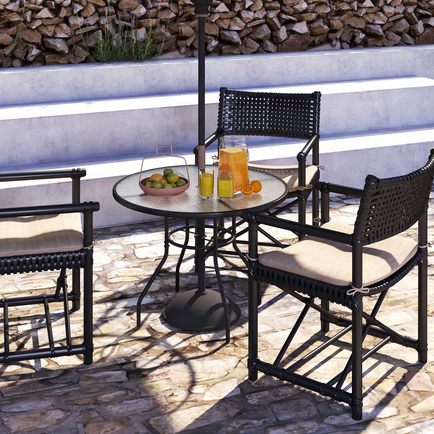 39.4" Round Outdoor Dining Table Coffee Side Bistro Table with Umbrella Hole, Glass Top, Steel Frame for Garden, Patio