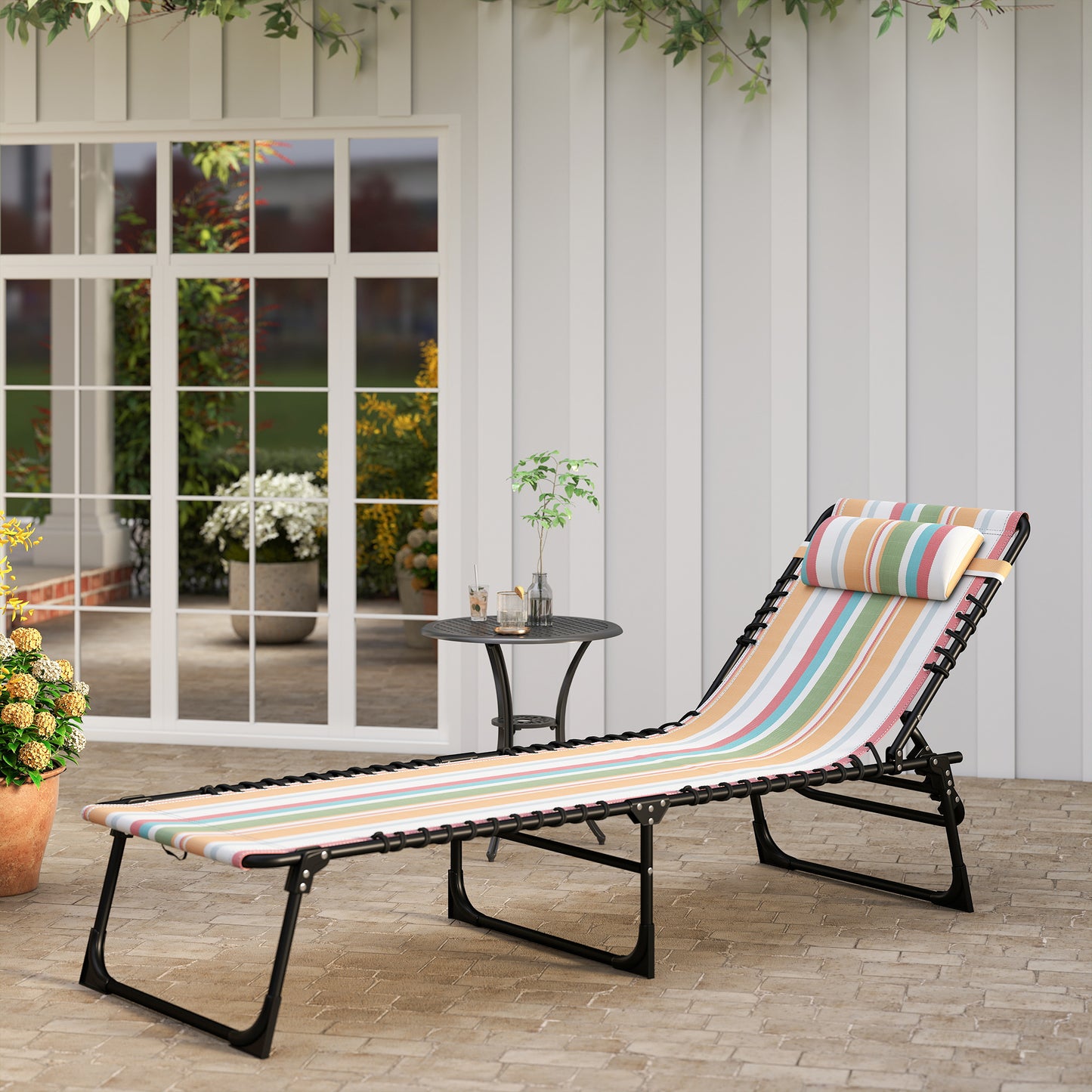 Outdoor Folding Lounge Chair, 4-Level Adjustable Chaise Lounge with Headrest, Tanning Chair Beach Bed, Reclining Lounger Cot for Camping, Hiking, Backyard, Multicoloured