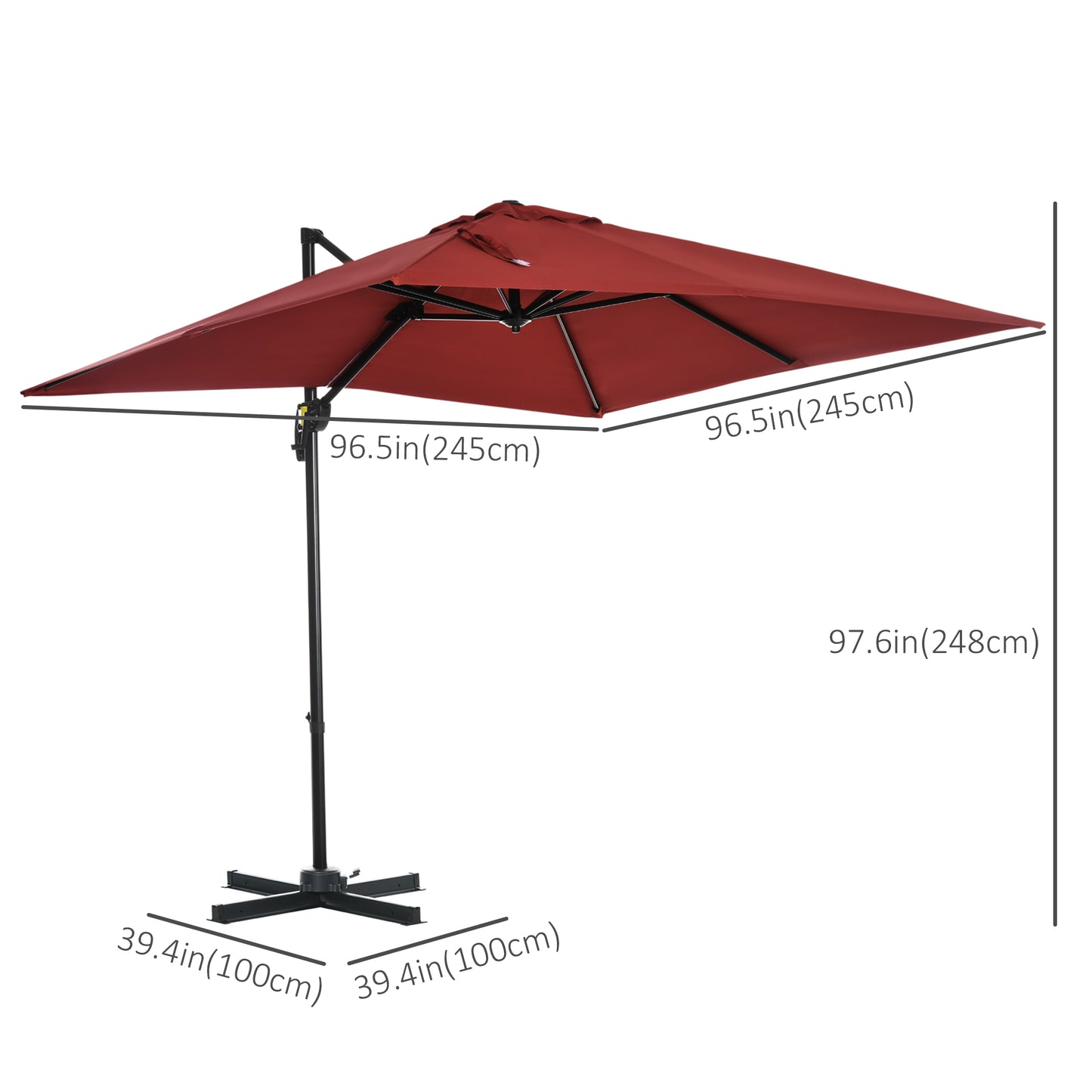 8' x 8' Square Patio Hanging Offset Umbrella with 360° Rotation, Aluminum Outdoor Cantilever Parasol with Crank & Tilt, Sun Canopy Shelter with Cross Base, Wine Red