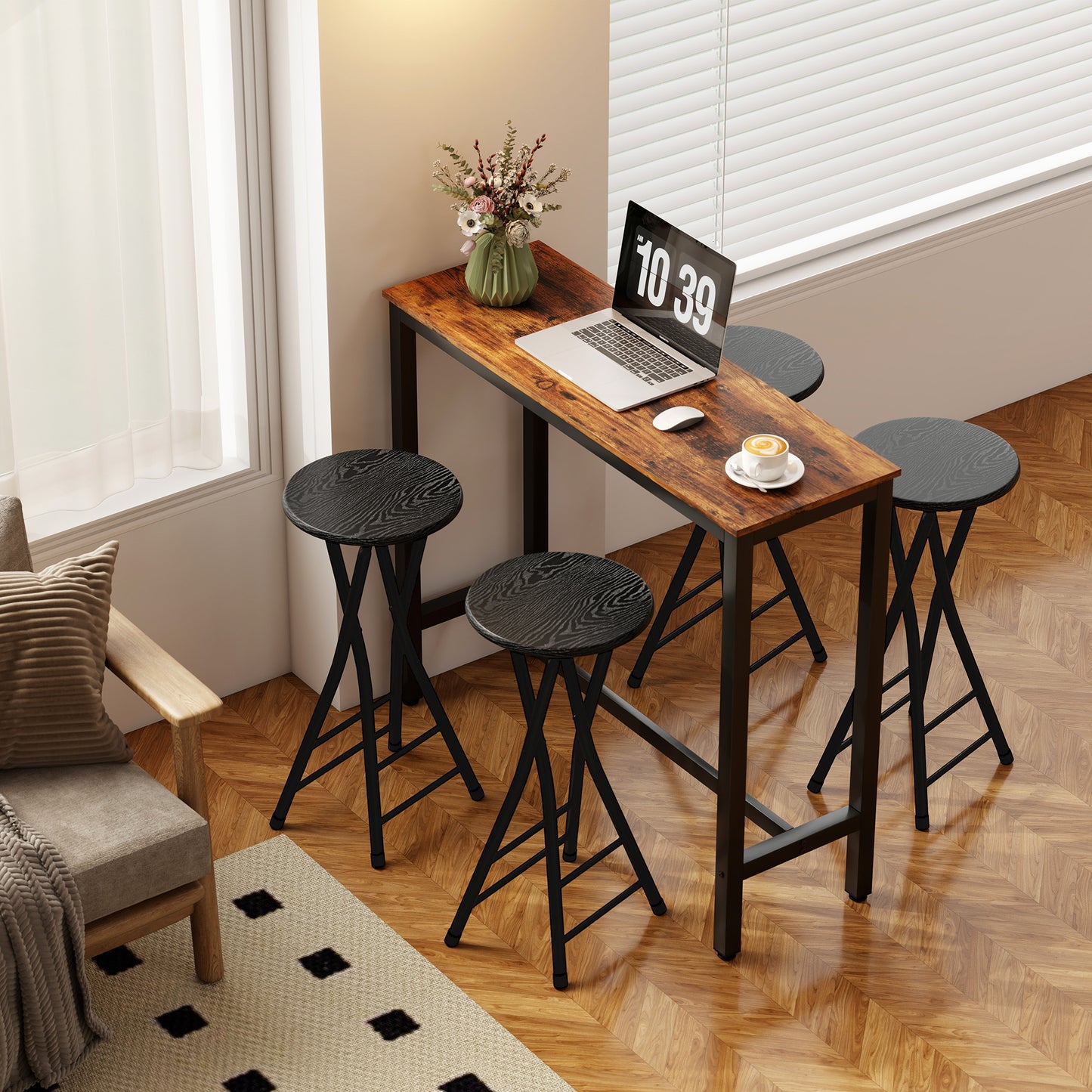 Set of 4 Foldable Barstools, Counter Height Bar Stools with Footrest and Steel Legs for Kitchen Island, Black