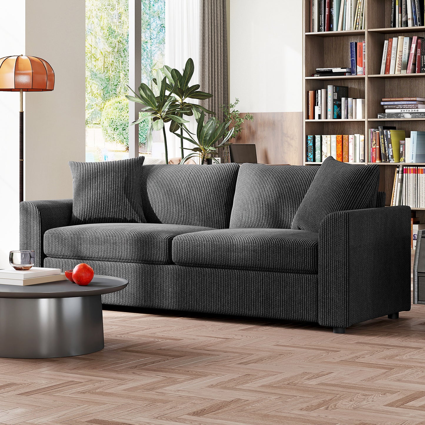 3 Seater Sofa, 83.5" Modern Upholstered Couch with Pocket Spring and 2 Scatter Cushions for Living Room, Dark Grey
