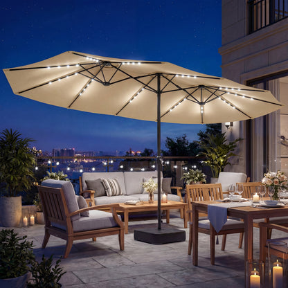 Double-sided Patio Umbrella with Base Included & 48 LED Lights 15ft Khaki