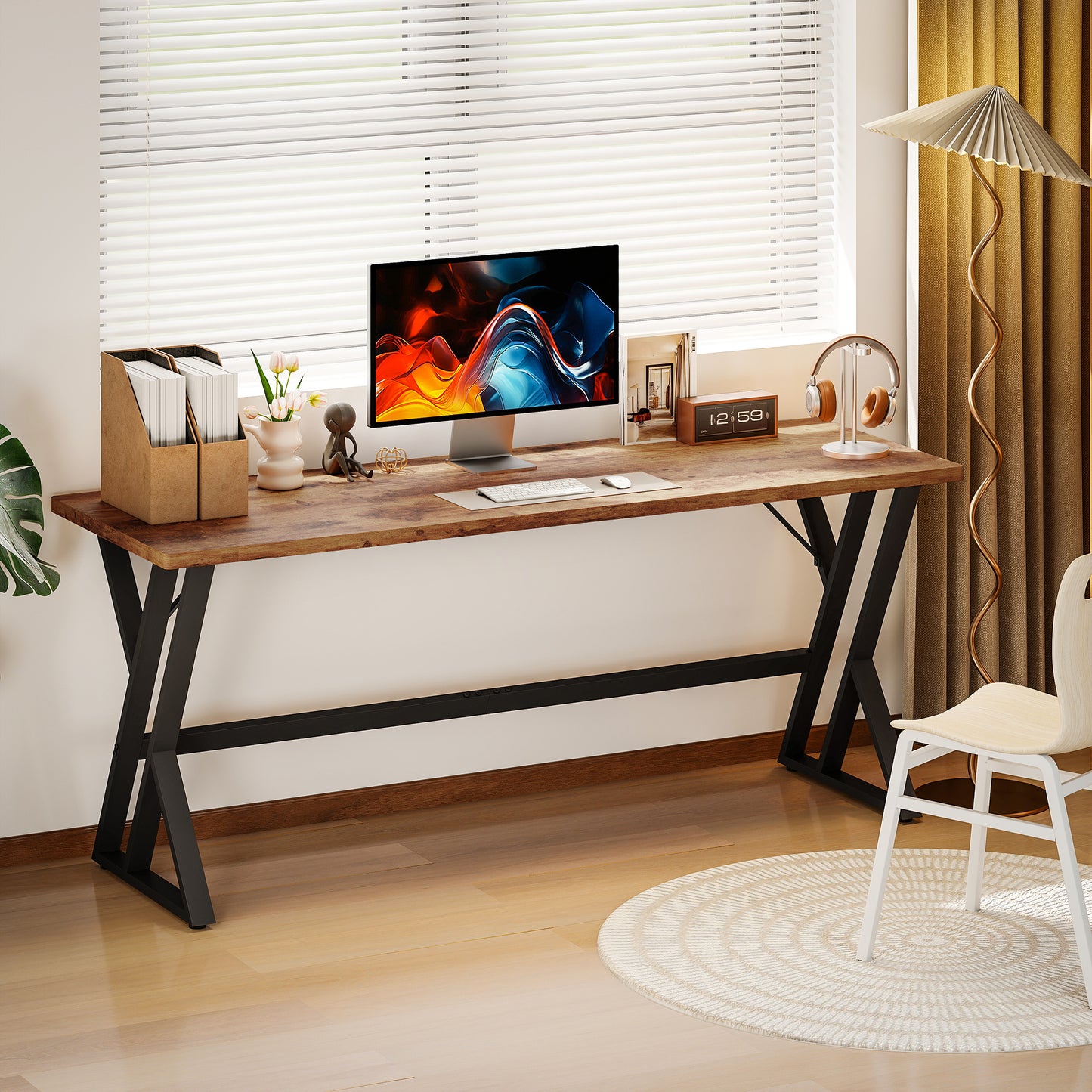 71" Computer Desk, Industrial Writing Table with X-Shaped Frame for Home Office, Rustic Brown