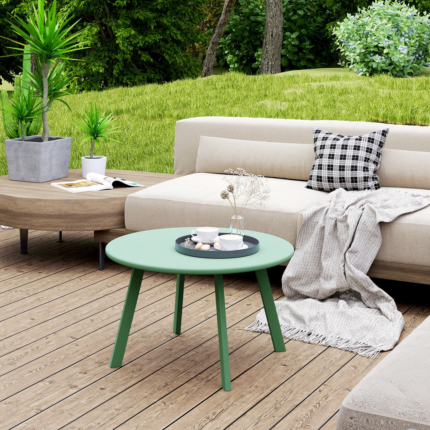 Round Outdoor Side Table, Patio Coffee Table with Metal Frame and Non-Slip Foot Pads, Green