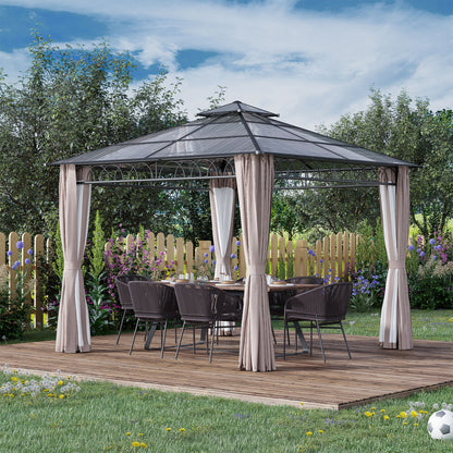 10' x 10' Khaki Hardtop Gazebo with Double PC Roof & Curtains