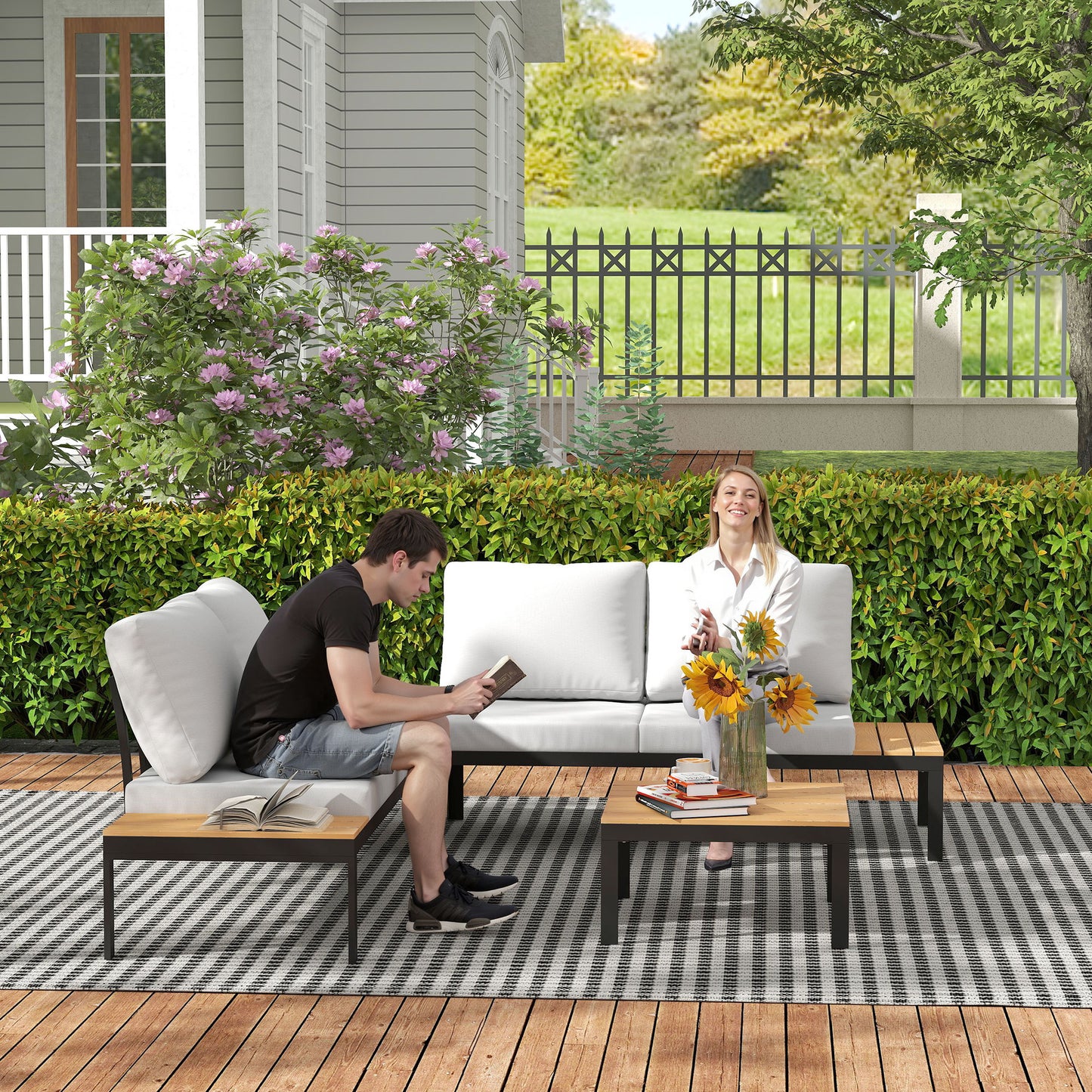 4 Piece L Shaped Garden Furniture Set, 4 Seater Outdoor Corner Garden Set, 2 Loveseats, 2 Coffee Tables, Teak