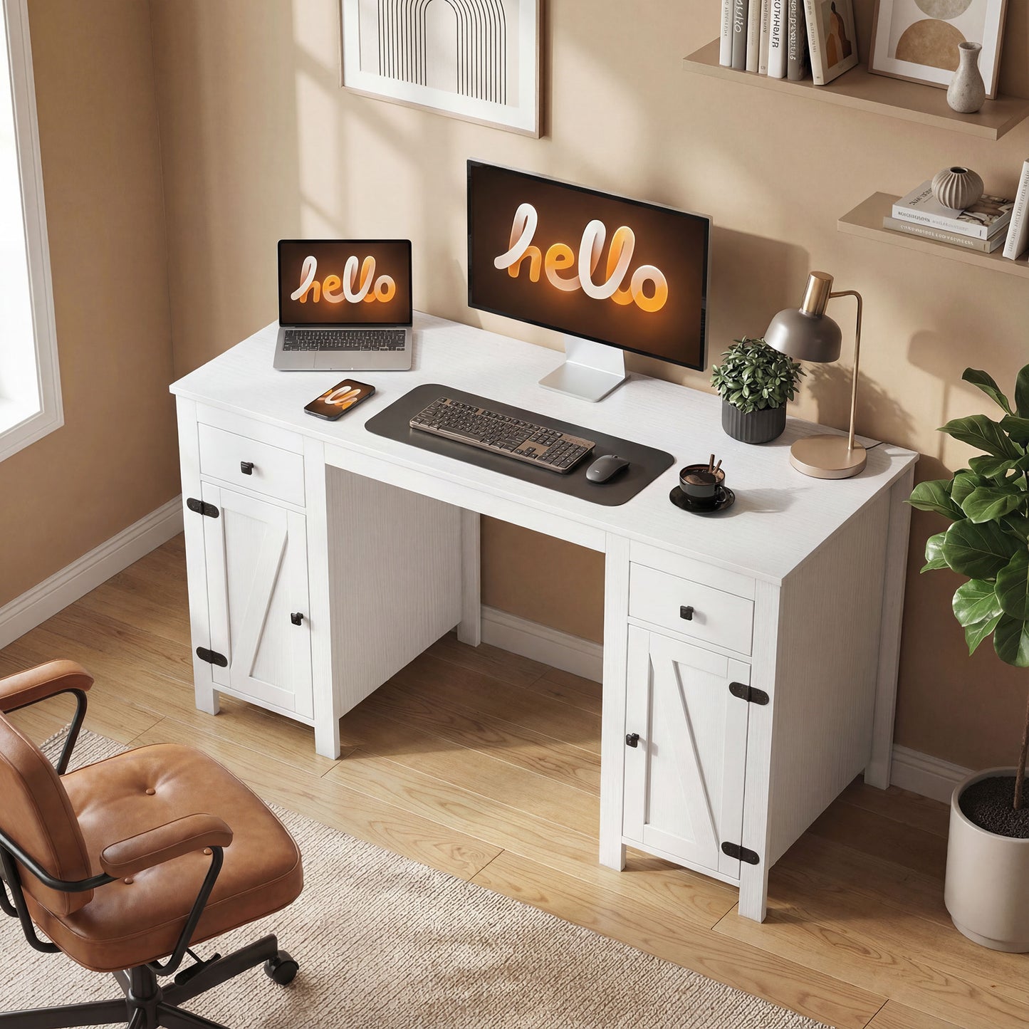 53" Farmhouse Executive Desk, Computer Desk with Drawers and 2 Cabinets, Study Table for Home Office, White Wood Grain
