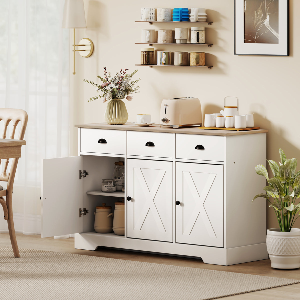 46.5" Buffet Cabinet, Farmhouse Sideboard with 3 Barn Doors and 3 Drawers for Living Room, Kitchen, White