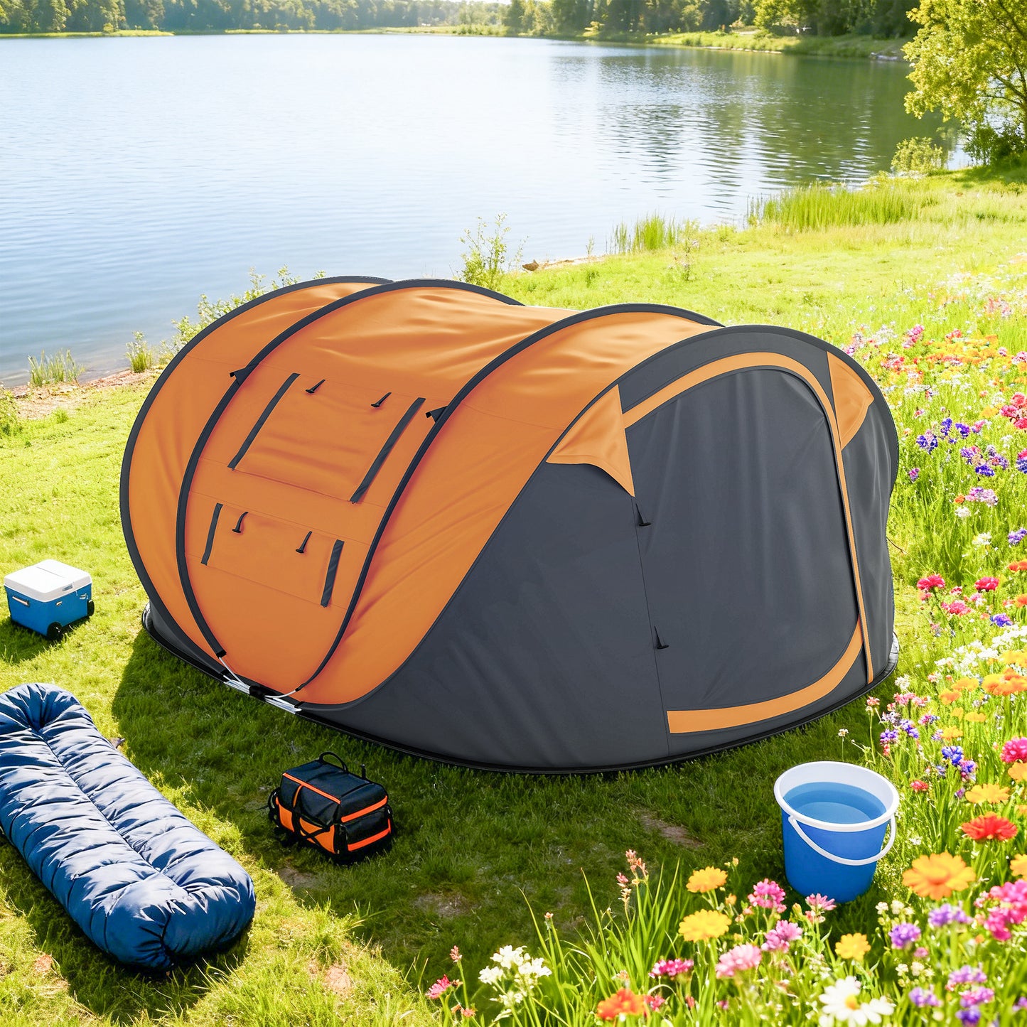 4 Person Camping Tent, Easy Pop Up Tent with Doors, Windows and Carry Bag, Automatic Setup Tent for Hiking, Orange