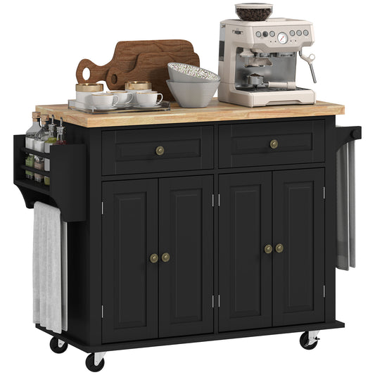Rolling Kitchen Island with Wood Top and Spice Rack - Black