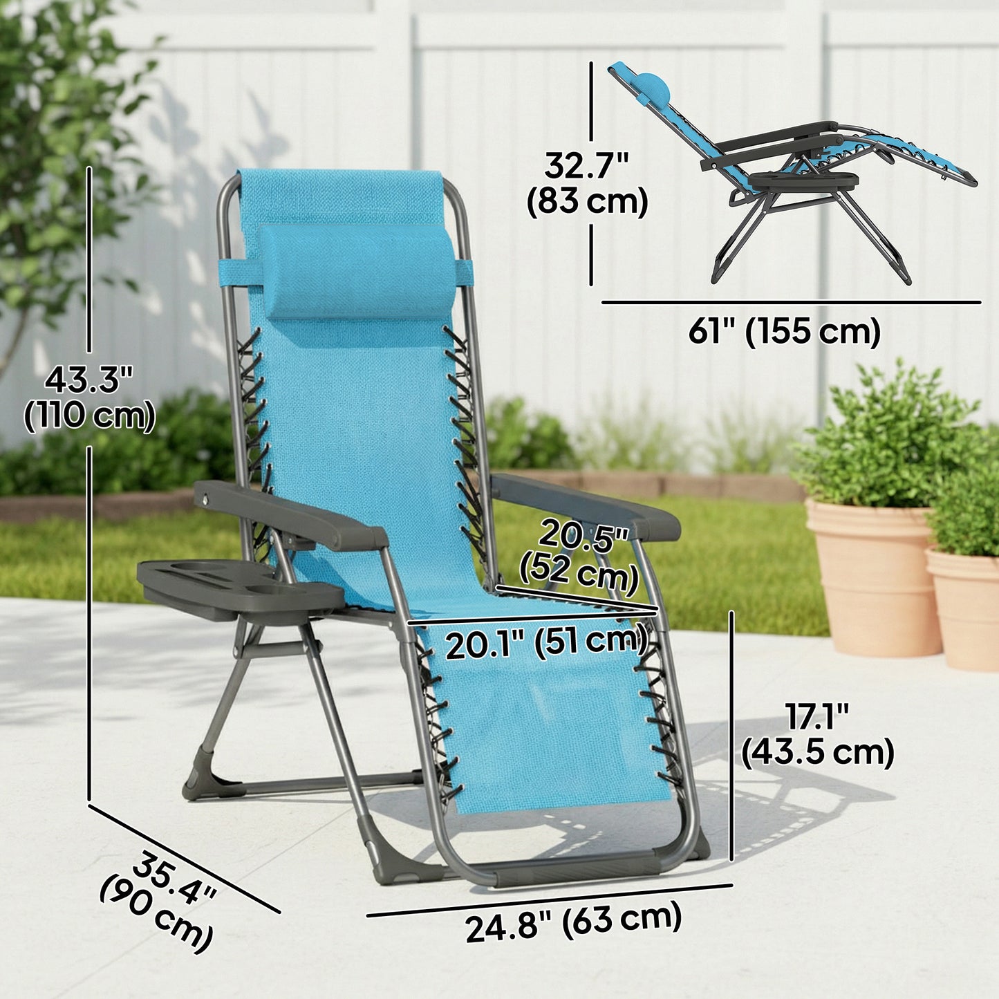 Zero Gravity Chair Set of 2, Folding Reclining Outdoor Lounge Chair with Cup Holder, Headrest, Sky Blue