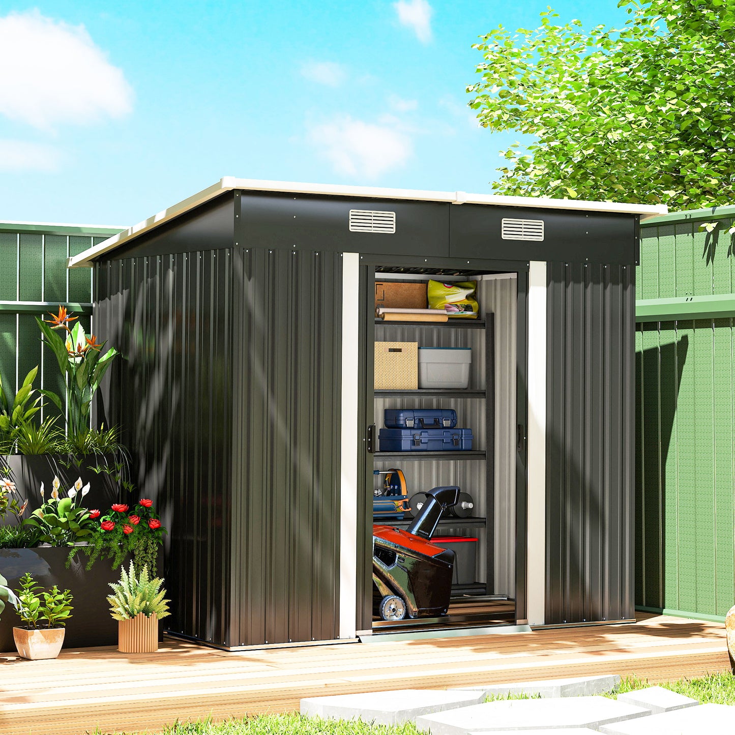 7' x 4' Metal Storage Shed, Lockable Tool Unit - Black