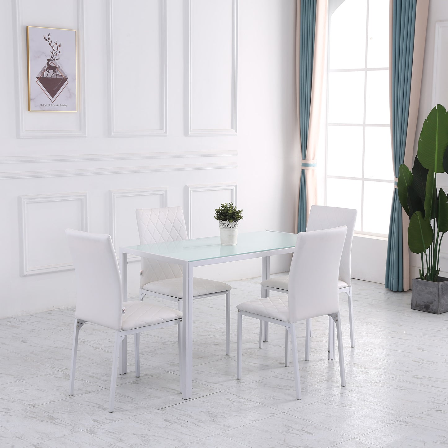 Modern Dining Chairs Set of 4, Upholstered Faux Leather Kitchen Chairs with Rhombic Tufting and Metal Legs for Living Room, White