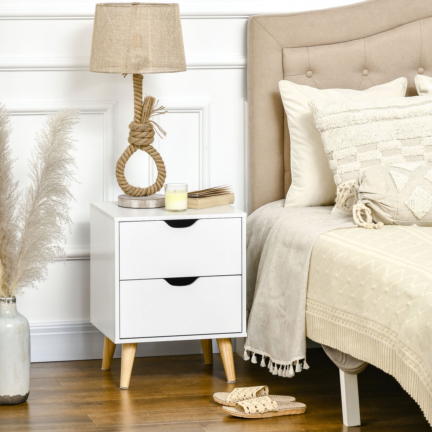 Modern Bedside Table, Nightstand with 2 Drawers and Pine Wood Legs for Bedroom, Living Room, White
