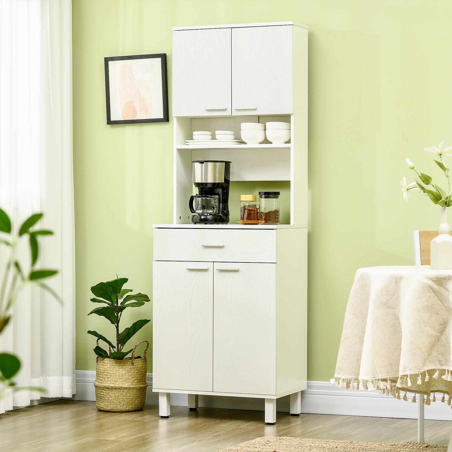71"H Freestanding Kitchen Pantry, Buffet Cabinet with Hutch, Storage Cabinet with Drawer, Doors and Microwave Stand, White