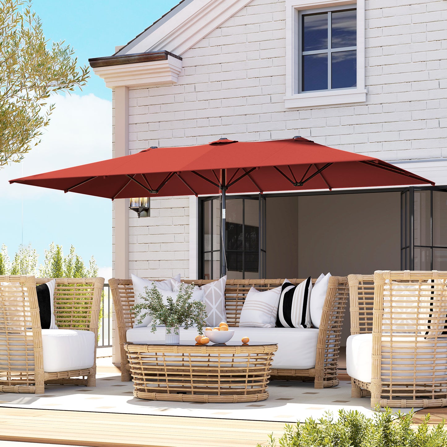 Double-Sided Patio Umbrella Parasol with Tilt, Adjustable Height, Vents and 12 Ribs, for Garden, Deck, Pool, Wine Red