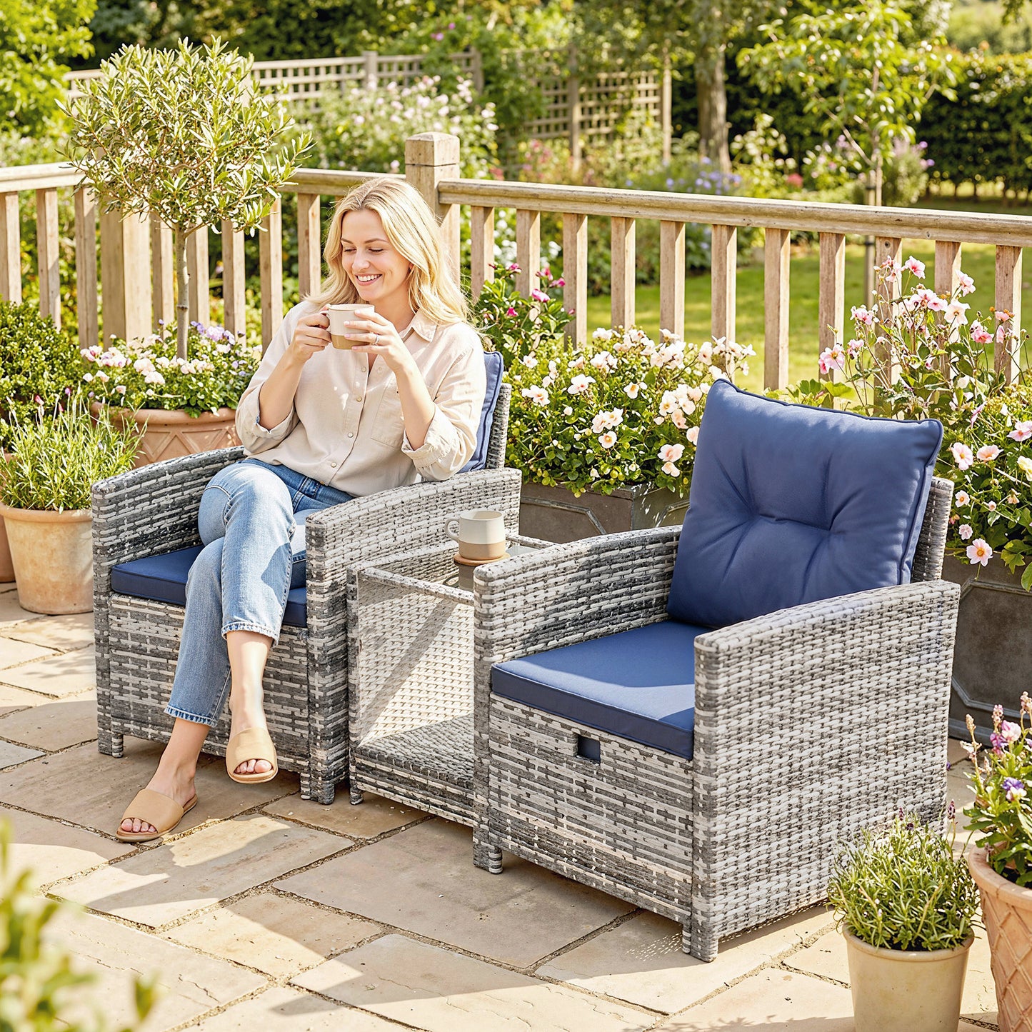 5 Piece Patio Furniture Set, Wicker Patio Chairs with Ottomans, 2-Tier Glass Coffee Table and Cushions, Grey/Dark Blue