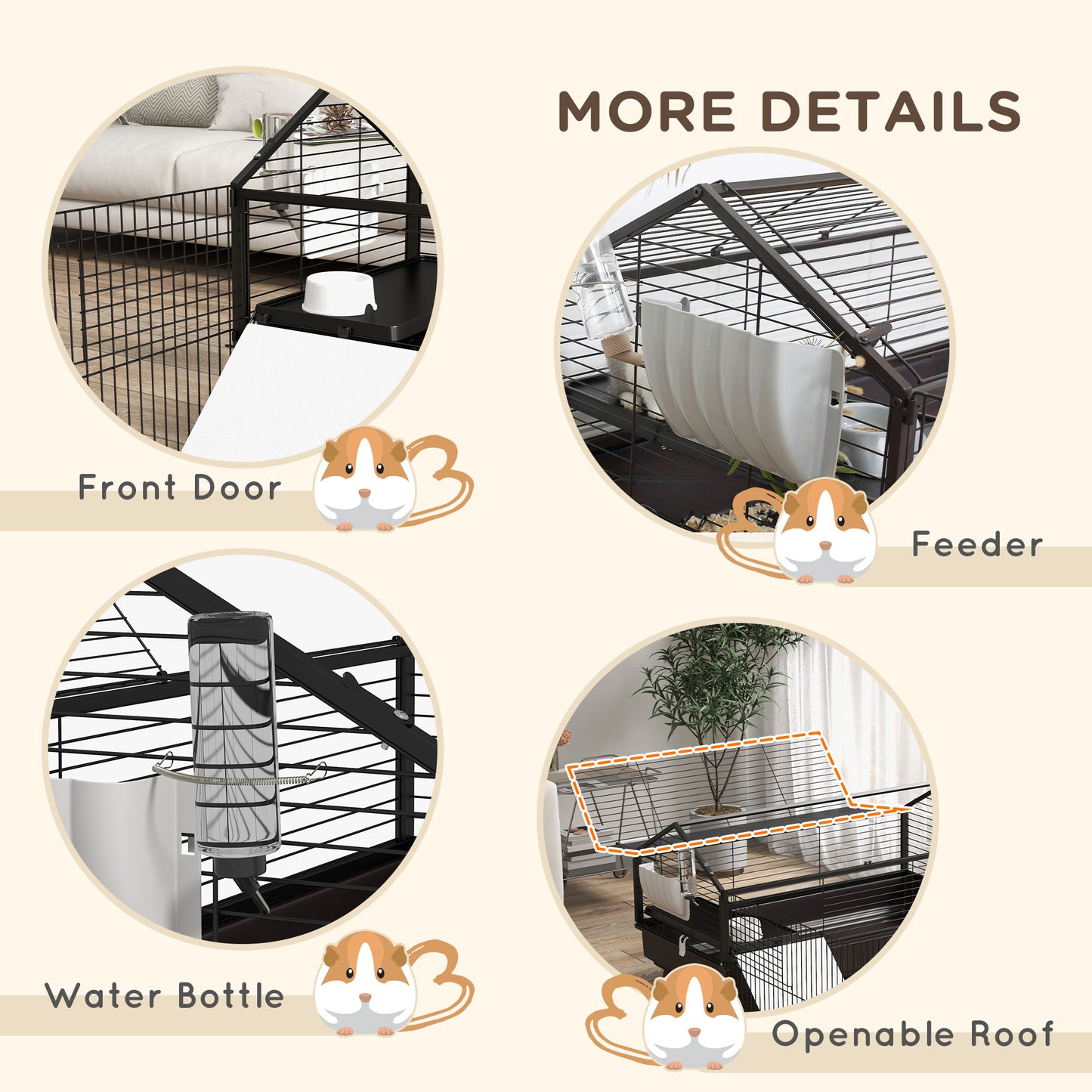 Guinea Pig Cage with Foldable Detachable Playpen, Rolling Rabbit Chinchilla Hedgehog Bunny Cage Small Animal Habitat with Water Bottle, Hay Feeder