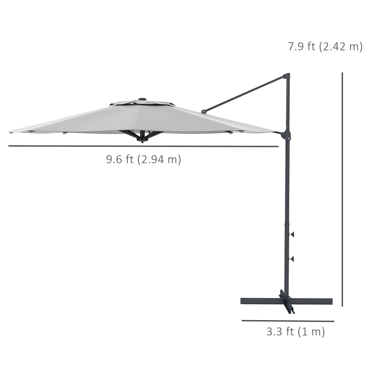 10FT Grey Aluminum Cantilever Umbrella with 360° Rotation