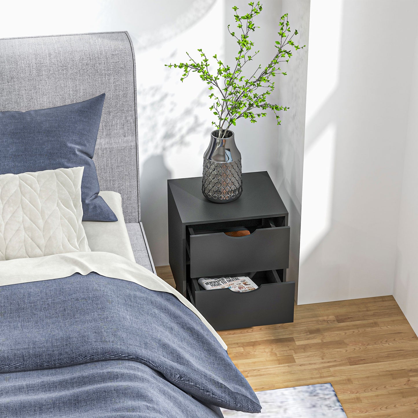 Modern Bedside Table, Nightstand with 2 Drawers and Pine Wood Legs for Bedroom, Living Room, Black