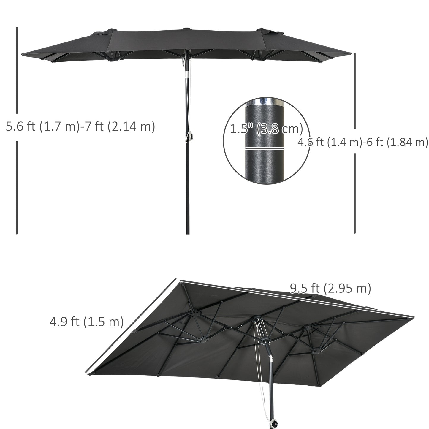 Grey Double-Sided Umbrella with Adjustable Height & 12 Ribs