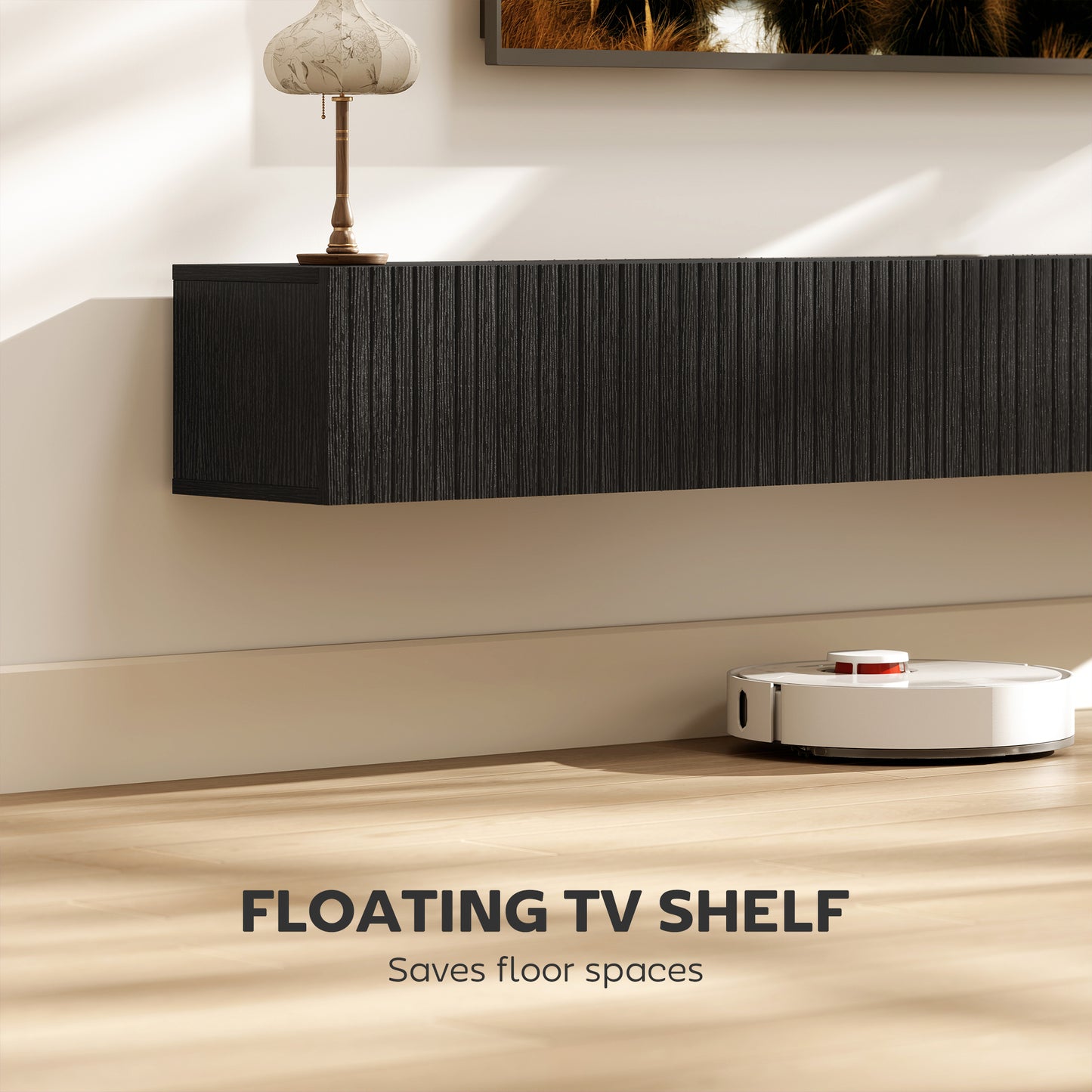 71" Floating TV Stand for TVs up to 72 Inch, Wall Mount Media Console with 2 Fluted Flip-Down Doors, Cable Hole, Black