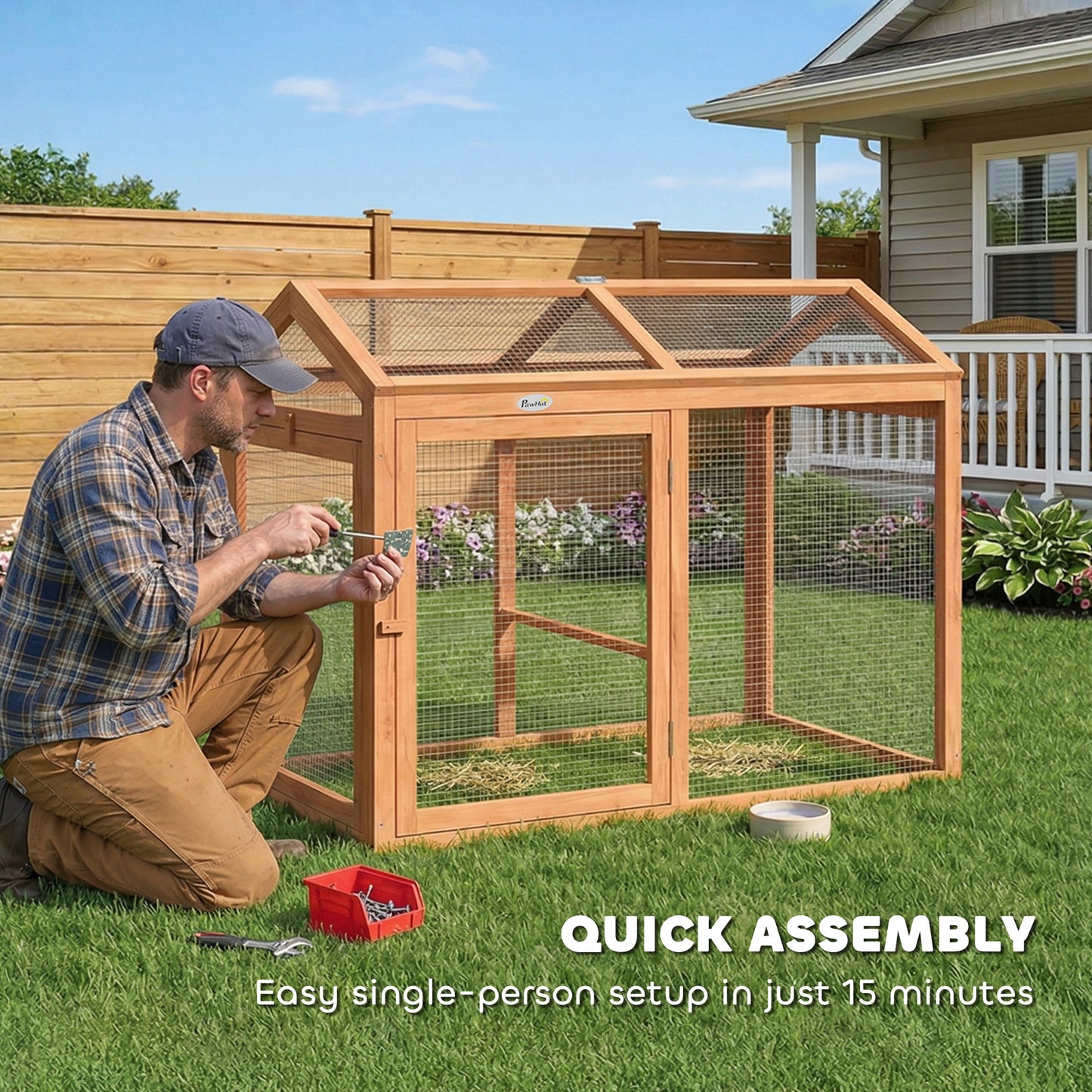 Wooden Chicken Run, Outdoor Chicken Coop with Perch and Dual Doors, Combinable Hen House Rabbit Hutch for Backyard