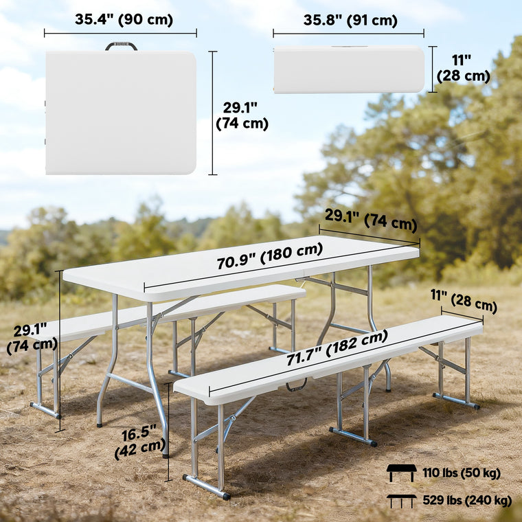 6ft 3-Piece Folding Picnic Table with 2 Benches