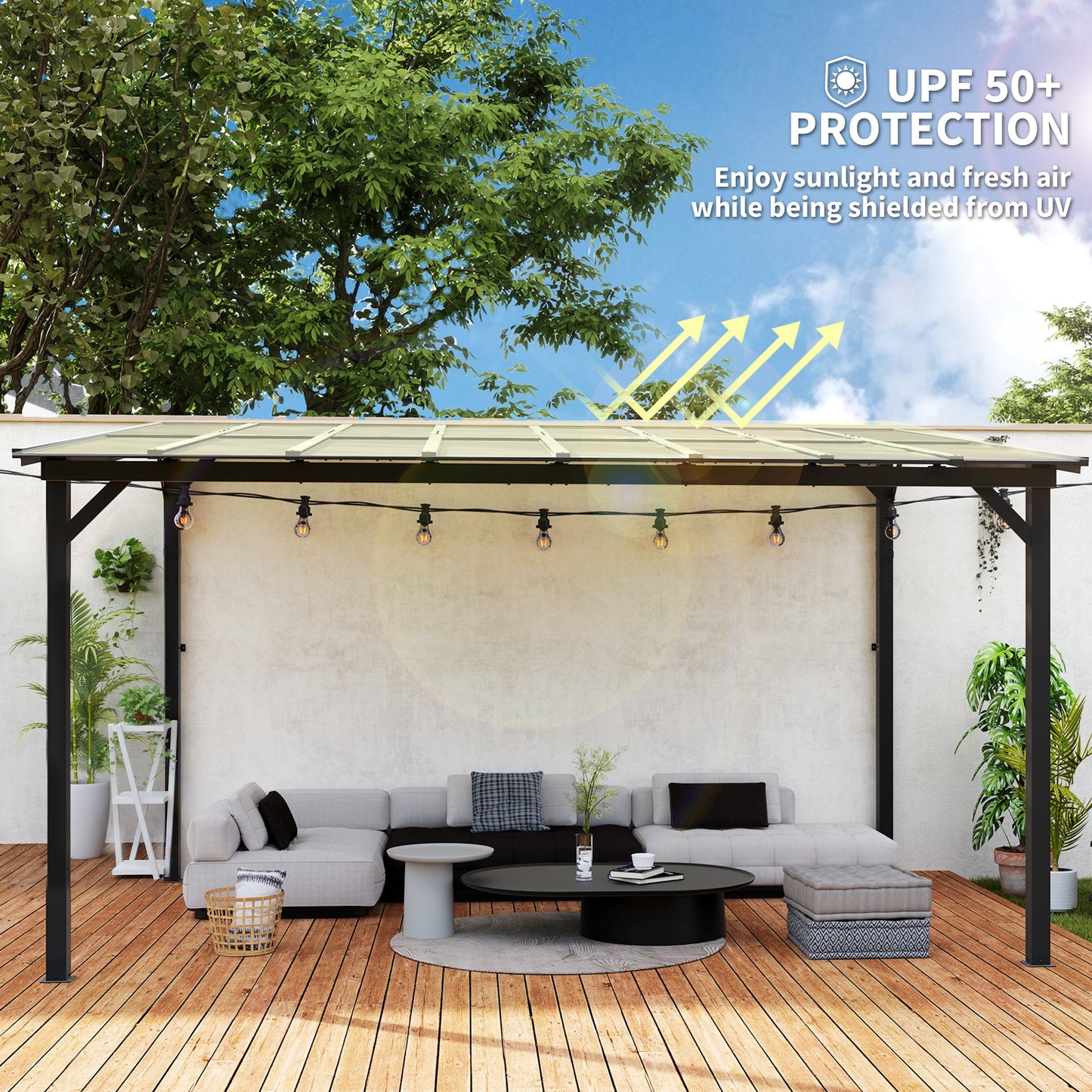 Hardtop Gazebo Wall-Mounted / Free Standing Outdoor Pergola with UPF 50+ & Waterproof Polycarbonate Roof