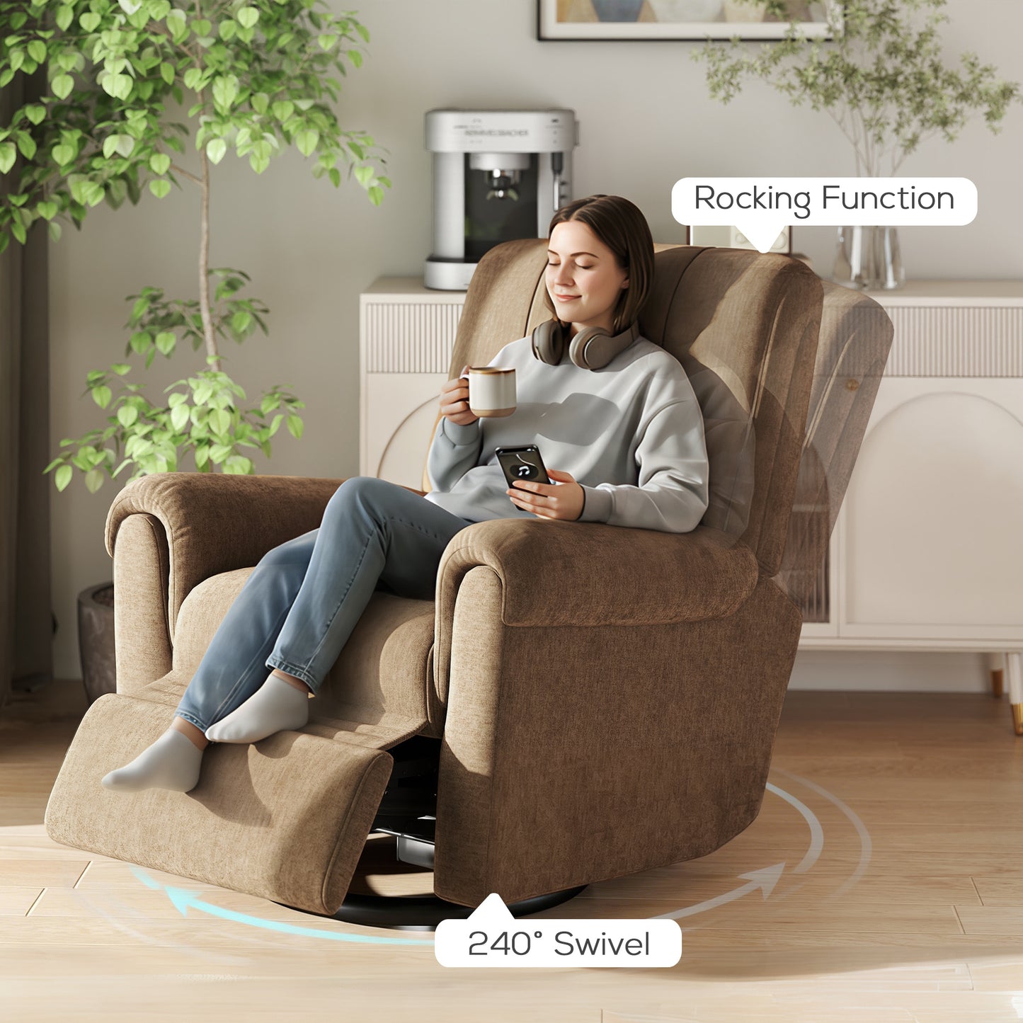 Power Recliner Chair, Fabric Upholstered Recliner Chair with USB Ports, Swivel and Rocking Function, Footrest