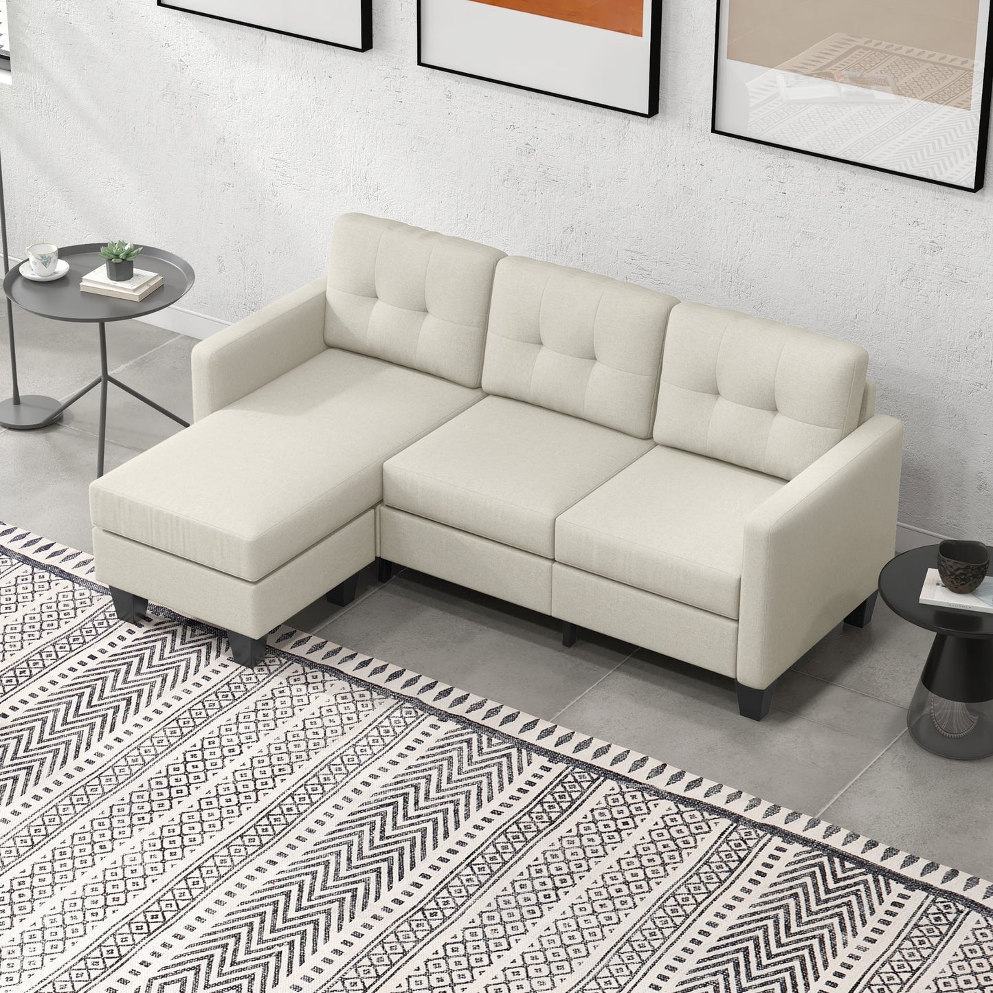 L-shaped Sofa, 3 Seater Sectional Couch with Ottoman, Corner Sofa with Thick Padded Cushion and Wood Legs, Beige
