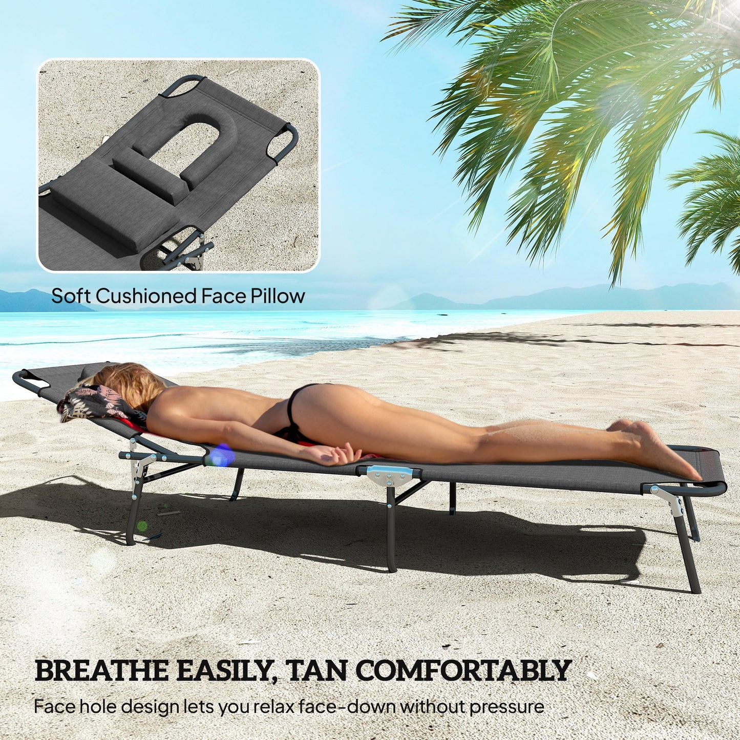 Folding Lounge Chair Set of 2, Reclining Beach Tanning Chair with Face Hole, Pillow, 4-Position Adjustable Flat Sun Lounger, Steel Frame for Outdoor Patio Pool, Green