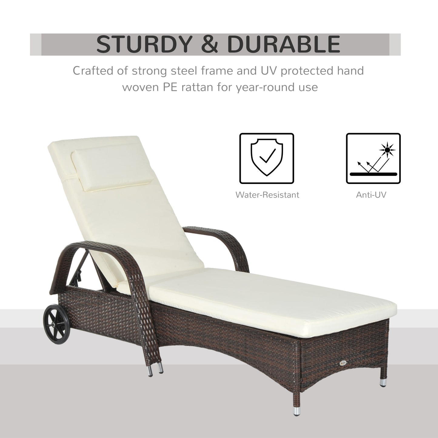 Wicker Chaise Lounge, Outdoor Lounge Chair, PE Rattan Patio Sun lounger with Head-rest, 5-Level Height Adjust Backrest, Cushion, & Wheels, Mixed Grey and Grey