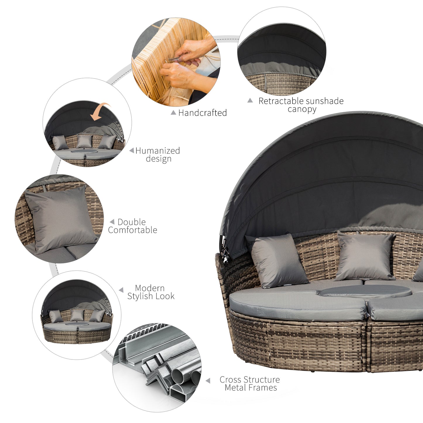 4 Pieces Outdoor Daybed with Retractable Canopy, Wicker Lounger Bed, Conversation Furniture Set, Dark Blue