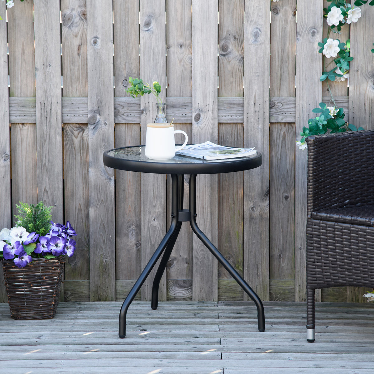 20" Round Outdoor End Table, Patio Side Table with Tempered Glass Top for Garden, Balcony, Poolside, Black