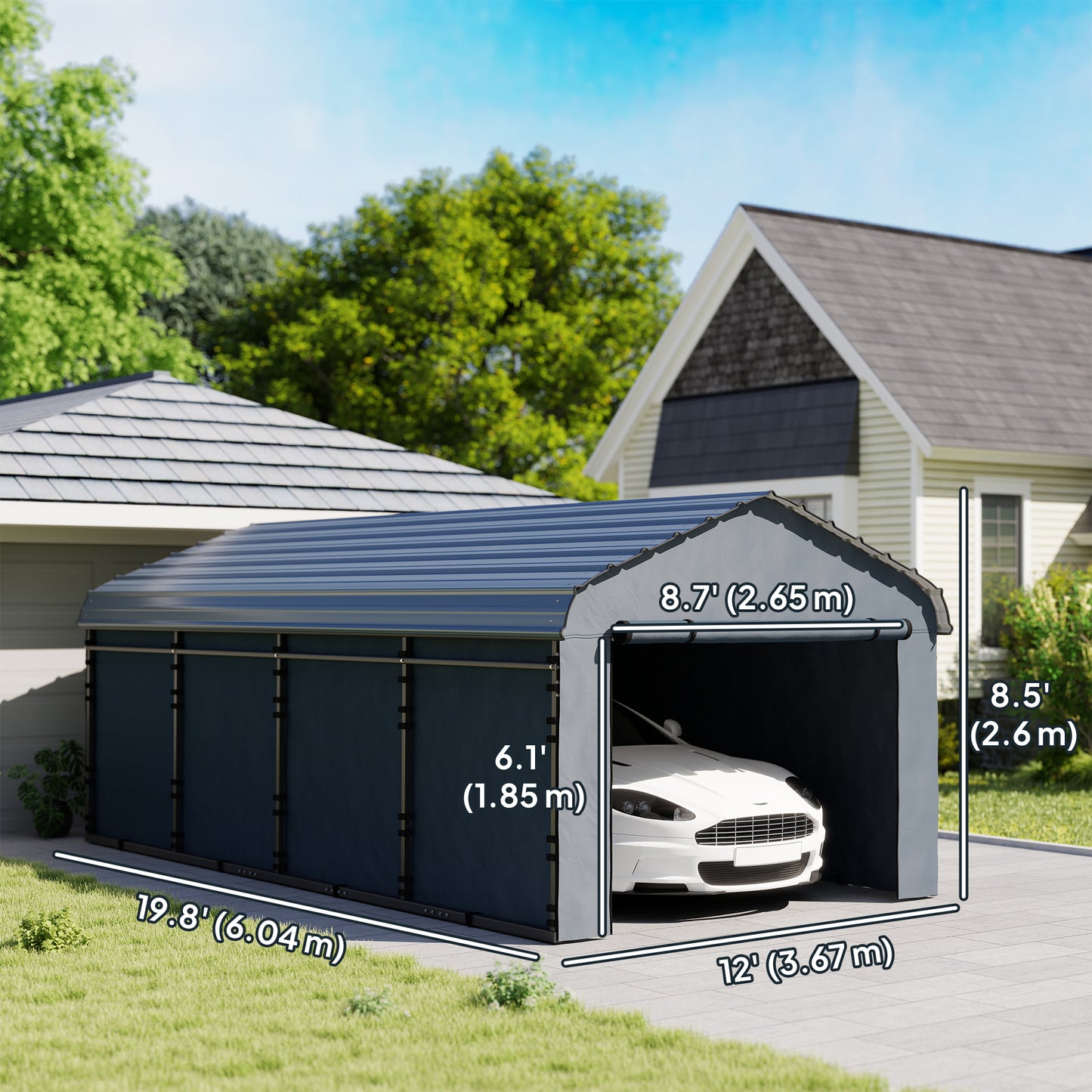 Metal Carport, Heavy Duty Garage Car Shelter with Galvanized Metal Roof and Removable Sidewalls, Light Grey