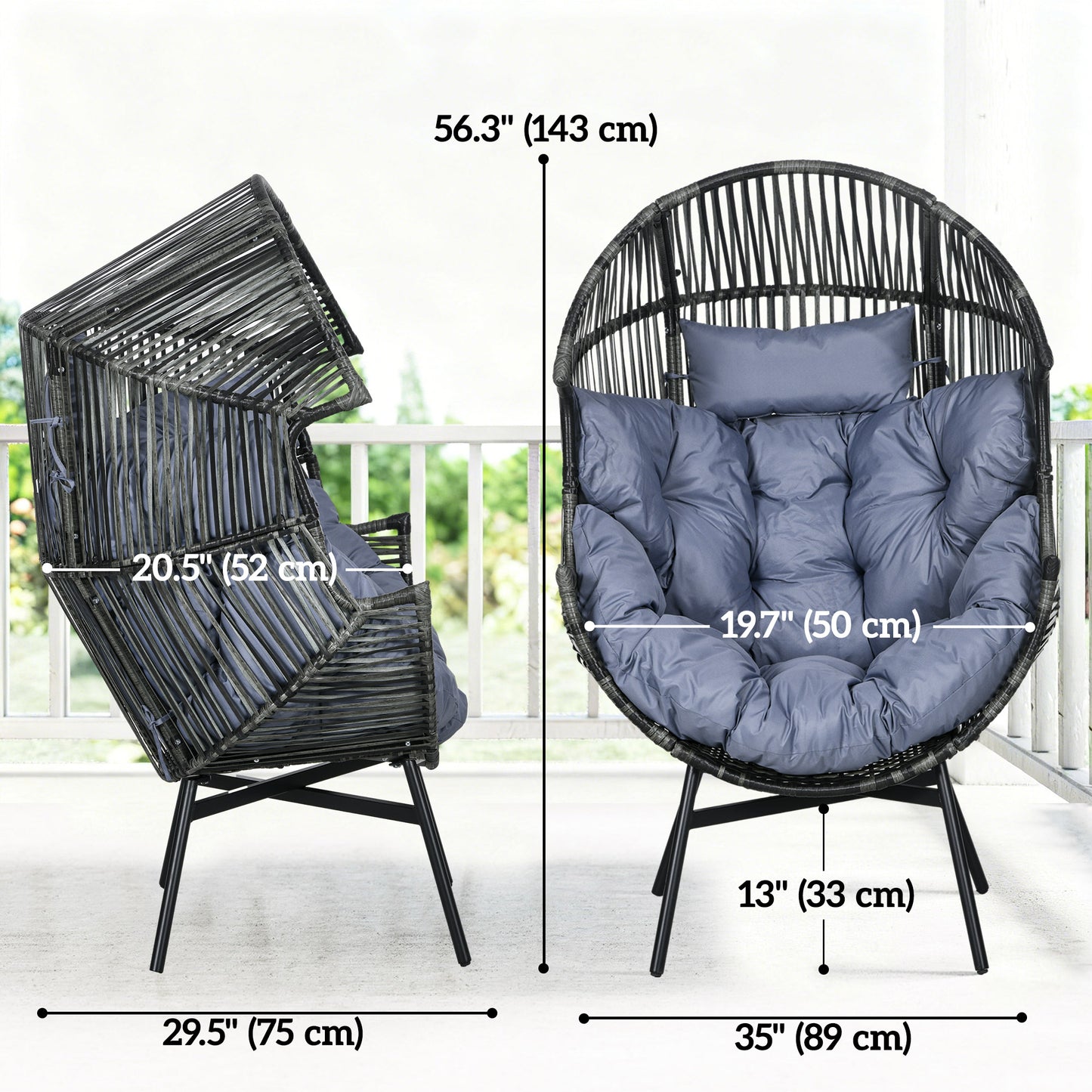Wicker Egg Chair Outdoor Indoor Rattan Oversized Patio Lounge Chair with 5.5" Cushions and Headrest, Grey