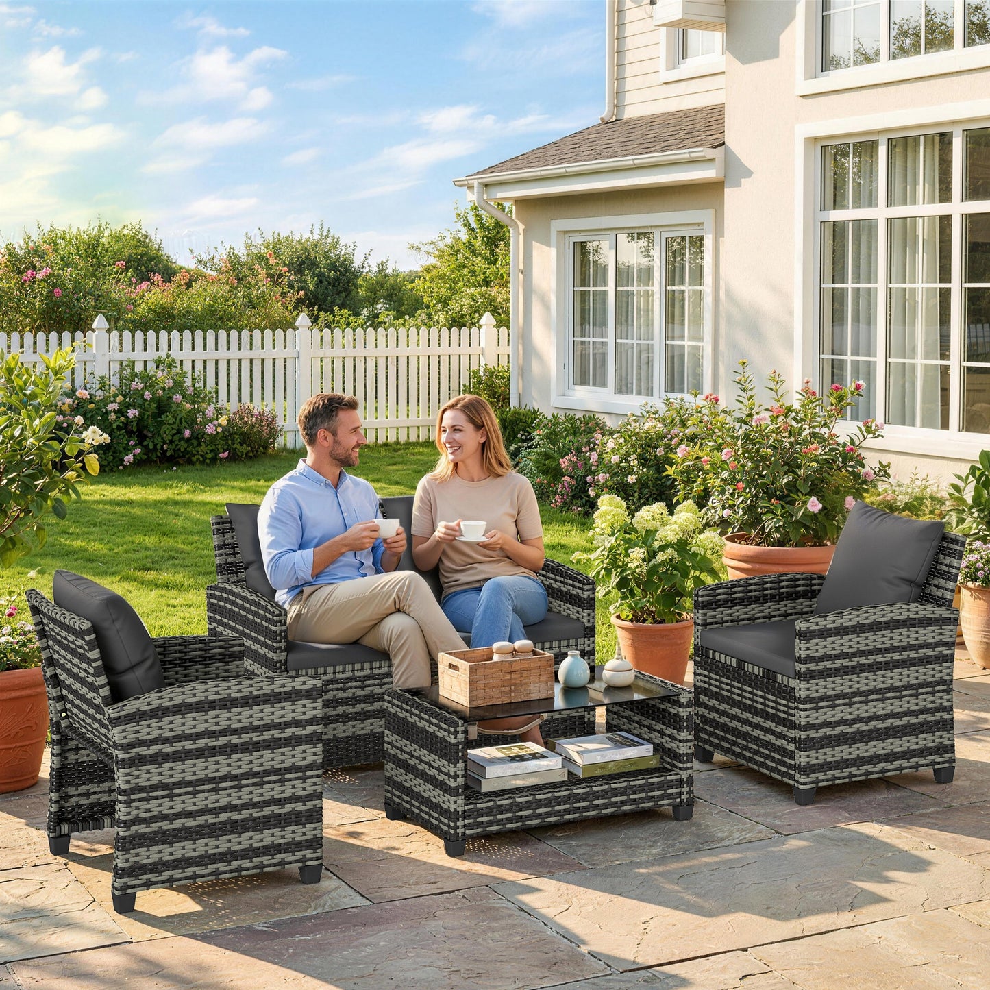 4-Piece Outdoor Wicker Patio Furniture Conversation Set, Includes Loveseat, Chairs and 2-Tier Table with Cushions, Modern Rattan Sofa Set for Backyard, Dark Grey