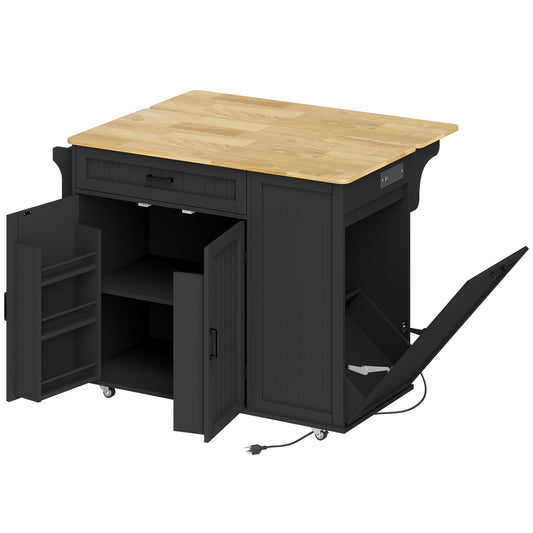 Kitchen Island Cart with Drop Leaf and Charging Station - Black